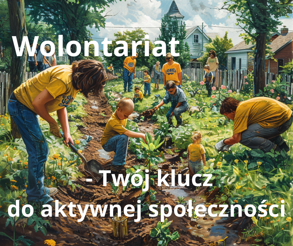 Zdjęcie przedstawia grupę wolontariuszy ubranych w jednolite, żółte koszulki z logotypem organizacji, pracujących wspólnie na zielonym terenie otoczonym drewnianymi płotami. Tło obrazu sugeruje, że akcja odbywa się w lokalnym ogrodzie społecznościowym w małej wiosce lub dzielnicy, gdzie w oddali widać mały kościółek z charakterystyczną wieżyczką. Wolontariusze, w różnym wieku, zarówno dorośli, jak i dzieci, wspólnie sadzą rośliny. Wszyscy są zaangażowani w prace, co wyraża poczucie jedności i współpracy. Niektórzy z nich kopią ziemię, inni sadzą młode rośliny, a jeszcze inni podlewają rośliny lub pomagają sobie nawzajem. Cała scena jest pełna życia, z zielenią i kwiatami w pełnym rozkwicie, co podkreśla harmonijną współpracę członków społeczności na rzecz poprawy wspólnego otoczenia. Ten obraz doskonale ilustruje ducha wolontariatu, w którym ludzie z różnych pokoleń łączą swoje siły, aby wspólnie tworzyć lepszą przyszłość dla swojej lokalnej społeczności.