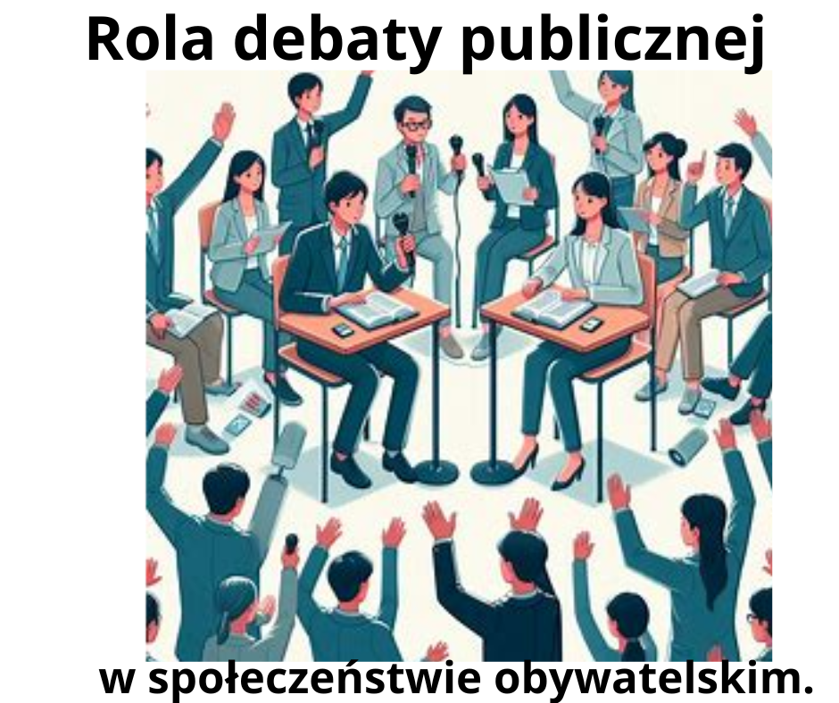 Na obrazku widać grupę ludzi biorących udział w debacie, gdzie każda osoba ma mikrofon i aktywnie uczestniczy w dyskusji. Część z nich siedzi za stołami z notatnikami, inni stoją, podnosząc ręce, co symbolizuje zaangażowanie i interakcję. Na górze widnieje napis "Rola debaty publicznej", a na dole "w społeczeństwie obywatelskim." Fundacja pro-eko.