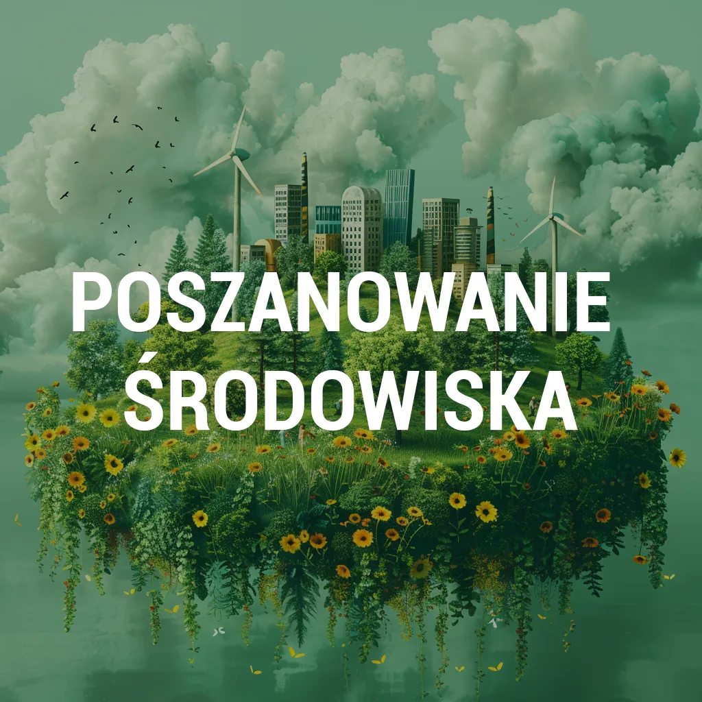 Na obrazku widoczna jest zielona wyspa unosząca się w powietrzu, na której znajdują się drzewa, kwiaty, turbiny wiatrowe oraz nowoczesne budynki. W tle widać chmury, a nad wyspą krąży stado ptaków. Napis "POSZANOWANIE ŚRODOWISKA" umieszczony jest na pierwszym planie, podkreślając znaczenie ochrony i troski o środowisko naturalne. Fundacja pro-eko.